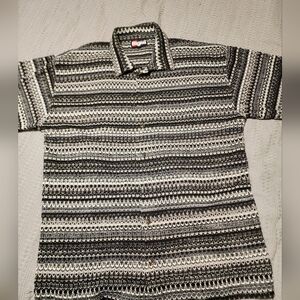 Bignd Open Knit Button Up Shirt Men L GRAY BLACK Striped Retro 70s Style Sheer